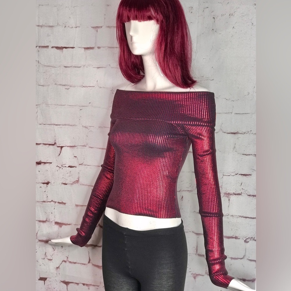 NEW ZARA XS Off the Shoulder Red Metallic Knit Foil Stretch Top NEW WITH TAG - Picture 8 of 15